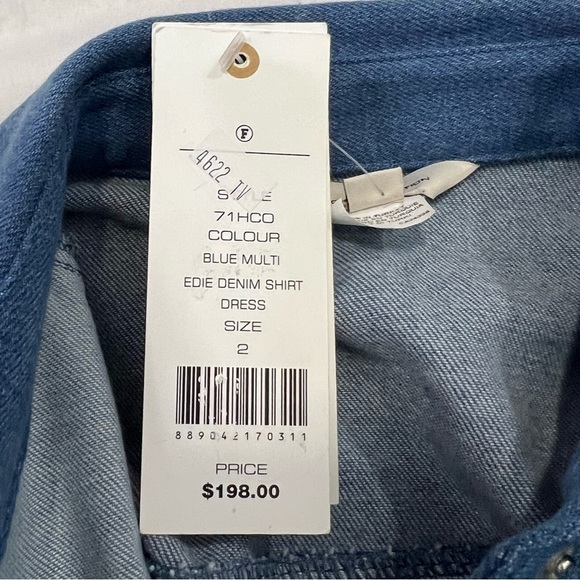 French Connection Edie Denim Shirt Dress 3/4 Sleeve Snap Front Color Block 2 New - Picture 15 of 16